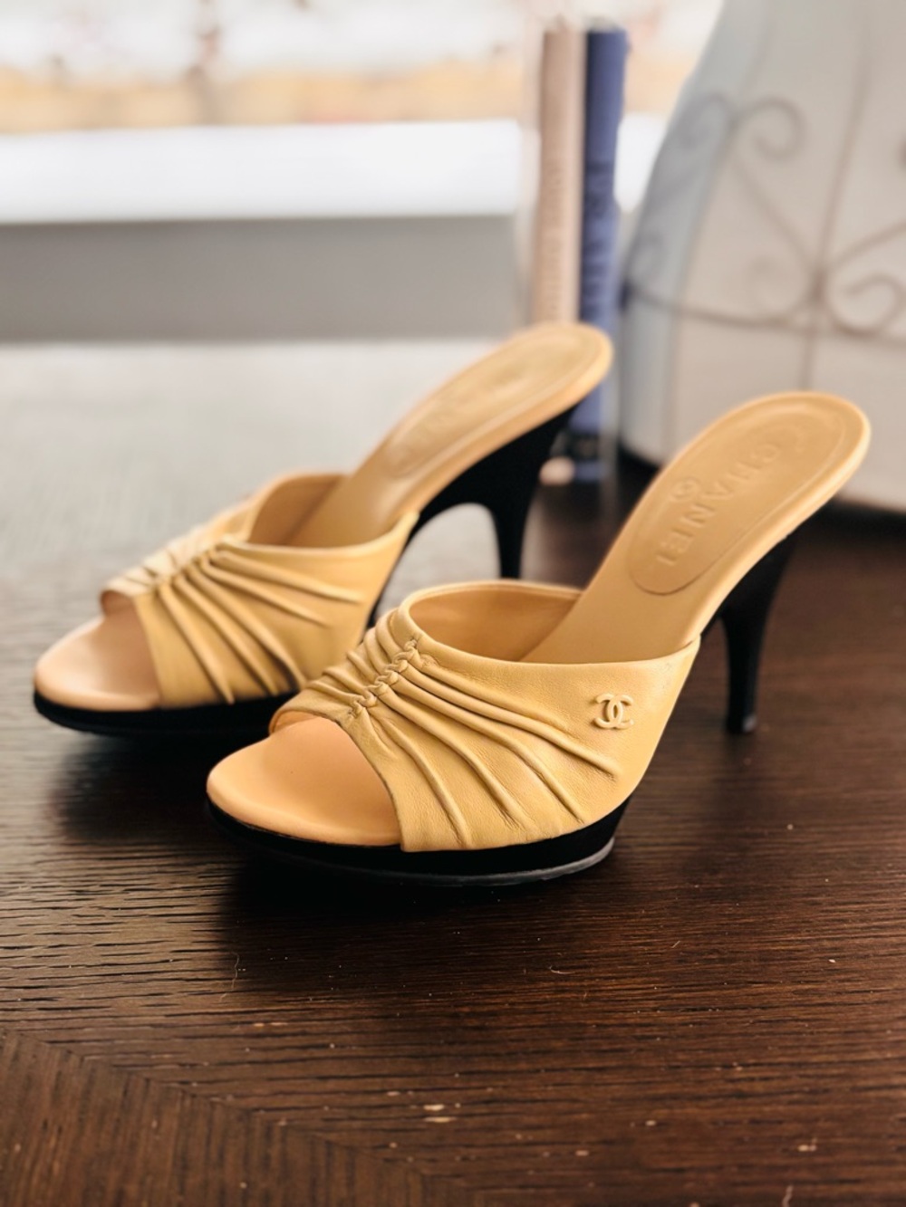 CHANEL Ruched Leather CC Logo Mule Heels Size 6B
